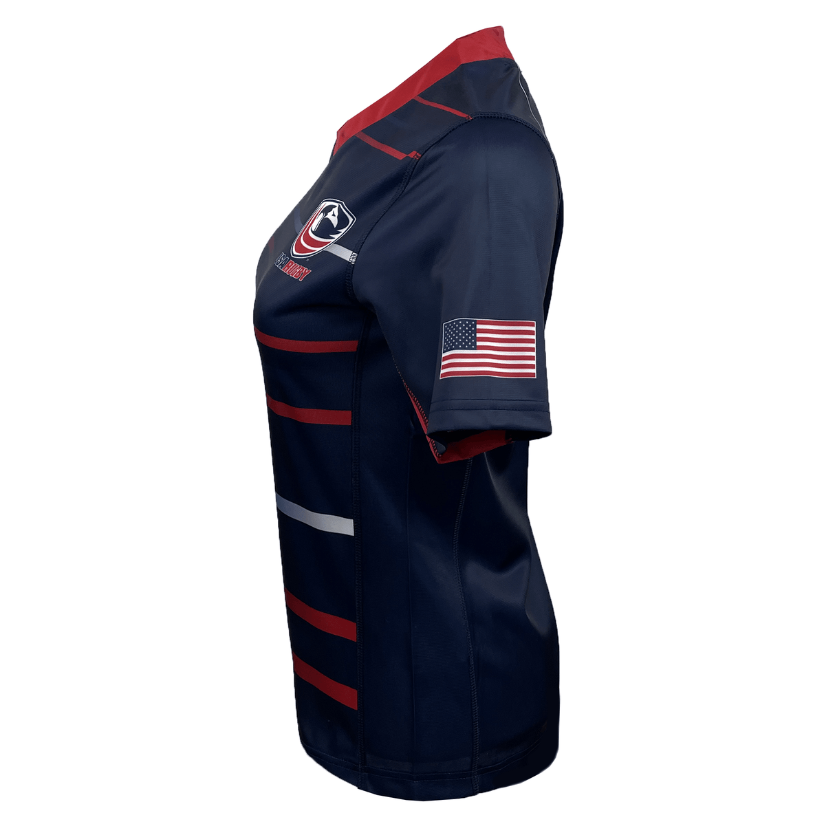 Side view of the Women's USA Rugby Pro Away Jersey by Castore, dark blue with red stripes, featuring a chest logo and an American flag on the sleeve. Made from moisture-wicking fabric for comfort and performance.