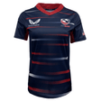 Navy blue Women's USA Rugby Pro Away Jersey by Castore with red and white stripes, featuring the USA Rugby logo, Castore logo, and an American flag patch on the sleeve.