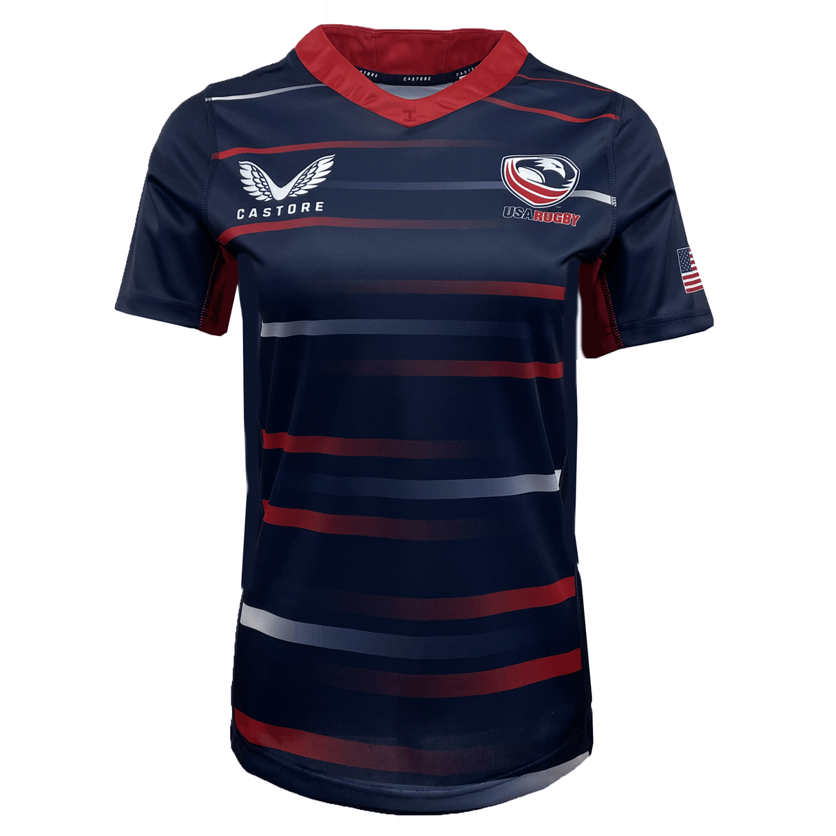 Navy blue Women's USA Rugby Pro Away Jersey by Castore with red and white stripes, featuring the USA Rugby logo, Castore logo, and an American flag patch on the sleeve.