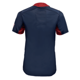 Back view of a navy and red short-sleeve sports jersey, part of the Women's USA Rugby Pro Away Jersey line by Castore.