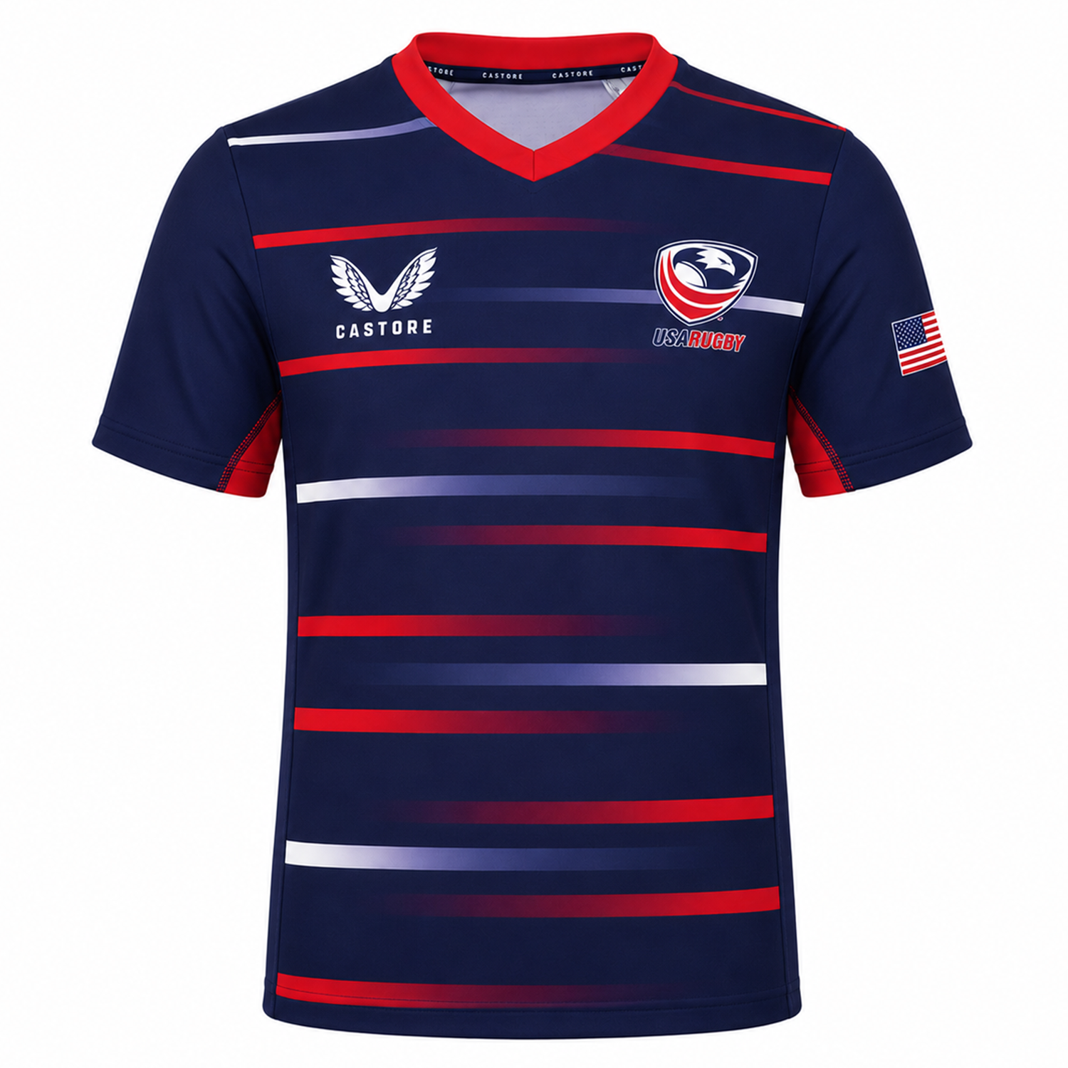 The Women's USA Rugby Pro Away Jersey 22/23 by Castore features red, white, and grey stripes, the USA Rugby emblem, Castore logo, and an American flag patch—perfect for dedicated fans.