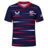 The Women's USA Rugby Pro Away Jersey 22/23 by Castore features red, white, and grey stripes, the USA Rugby emblem, Castore logo, and an American flag patch—perfect for dedicated fans.