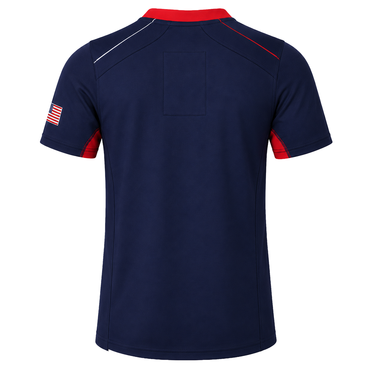 Women's USA Rugby Pro Away Jersey 22/23 by Castore: navy short-sleeve jersey with a red collar, red sleeve accents, white and red stitching, and an American flag patch on the right sleeve. Back view.