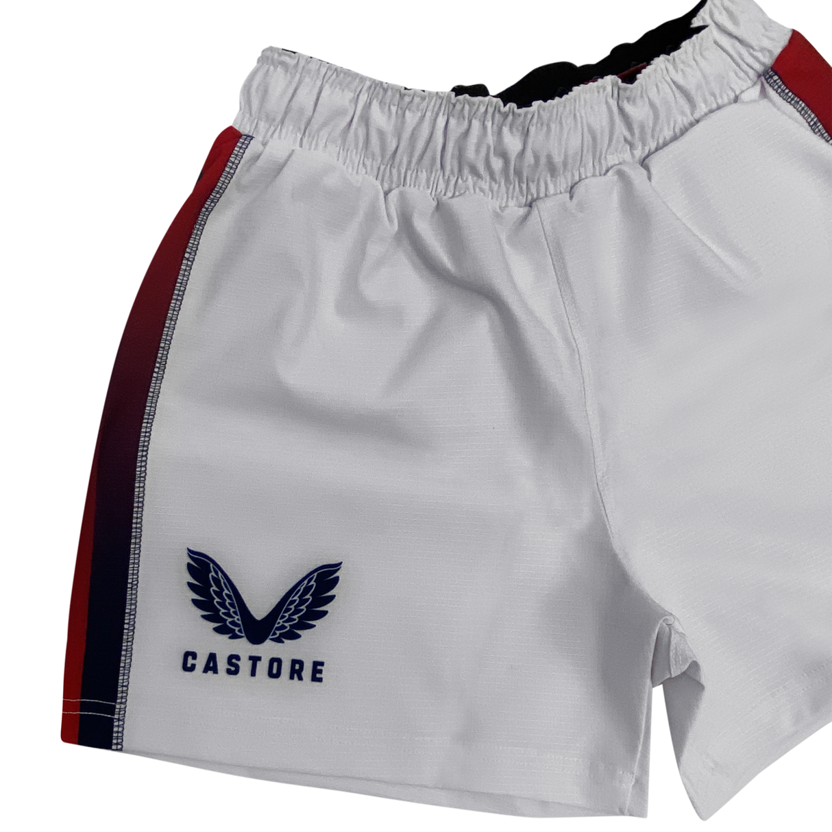 The USA Rugby Pro Home Short by Castore features white fabric with red and black side stripes, a winged Castore logo, and an elasticated waistband. Made from moisture-wicking material to keep you comfortable and dry during intense activity.