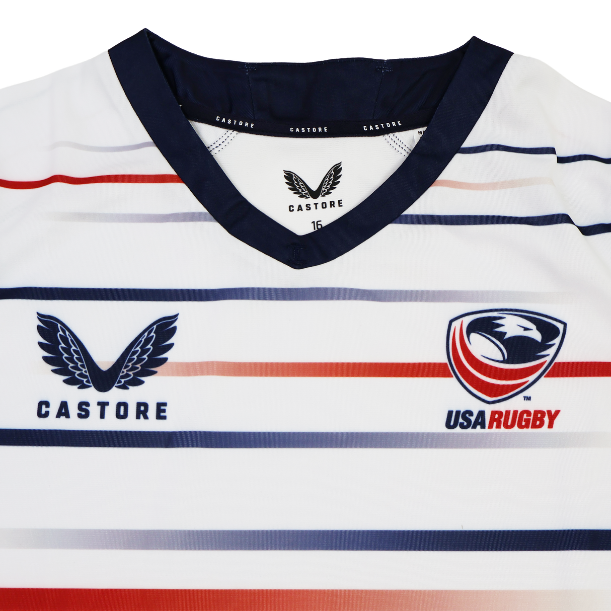 The Women's USA Rugby Replica Home Jersey 22/23 by Castore features horizontal red and blue stripes, the Castore logo, and USA Rugby emblem—ideal for fans and players seeking an authentic women's rugby jersey.