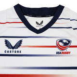 The Women's USA Rugby Replica Home Jersey 22/23 by Castore features horizontal red and blue stripes, the Castore logo, and USA Rugby emblem—ideal for fans and players seeking an authentic women's rugby jersey.