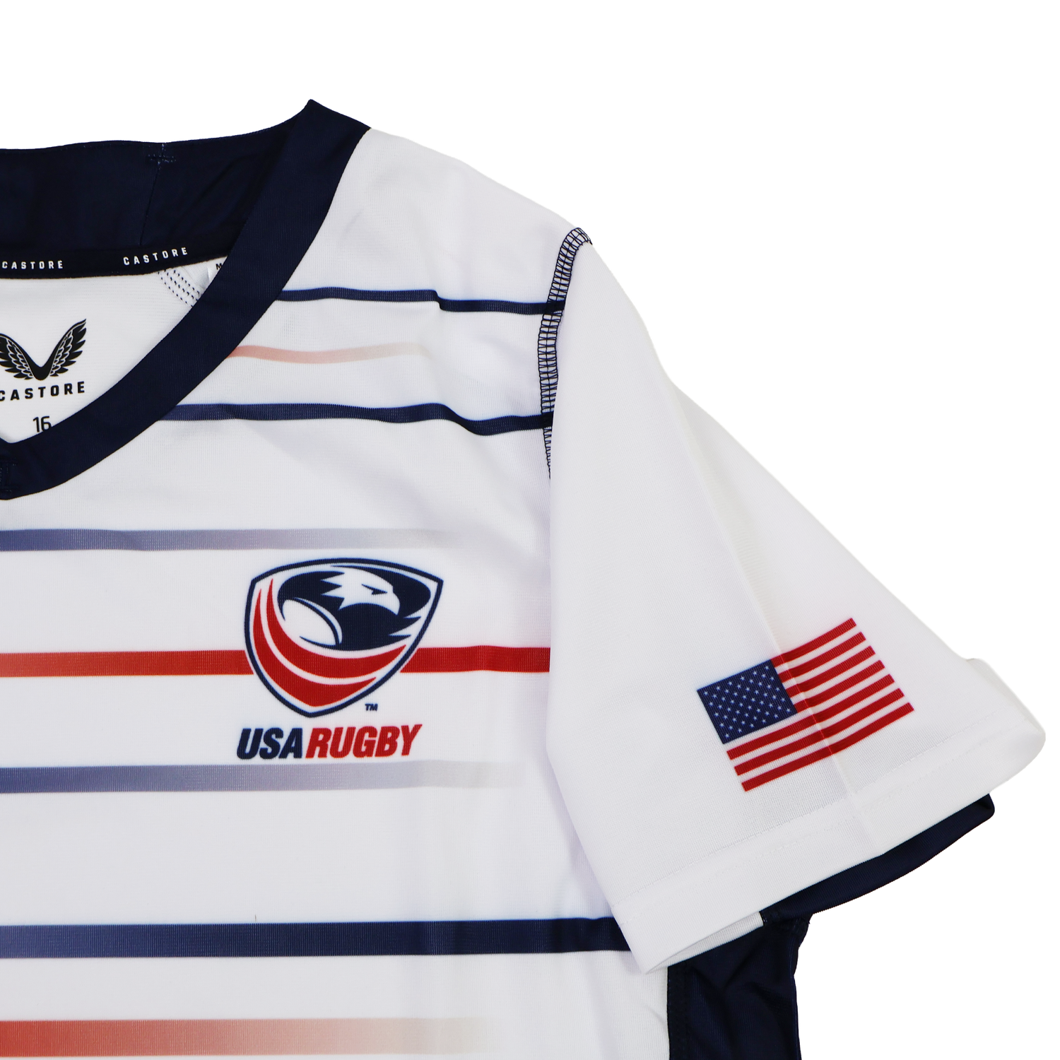 The Castore Women's USA Rugby Replica Home Jersey 22/23 features horizontal red, white, and blue stripes, the USA Rugby chest logo, and an American flag patch on the sleeve—ideal for fans seeking an authentic women's rugby jersey.