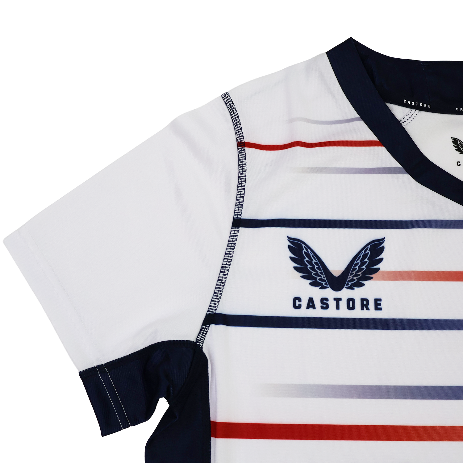 The Women's USA Rugby Replica Home Jersey 22/23 by Castore features red and blue stripes, navy trim, and the signature wings logo—ideal as a stylish women's rugby jersey or to show your USA Rugby pride.
