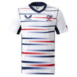 The Women's USA Rugby Replica Home Jersey 22/23 by Castore features horizontal red, navy, and gray stripes, USA Rugby chest logos, and an American flag on the sleeve.