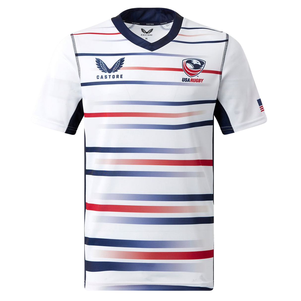 The Women's USA Rugby Replica Home Jersey 22/23 by Castore features horizontal red, navy, and gray stripes, USA Rugby chest logos, and an American flag on the sleeve.