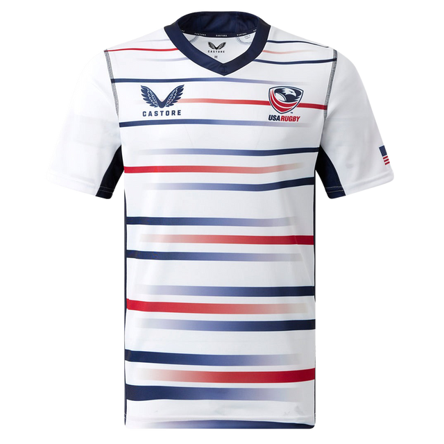 The Women's USA Rugby Replica Home Jersey 22/23 by Castore features horizontal red, navy, and gray stripes, USA Rugby chest logos, and an American flag on the sleeve.