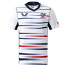 The Women's USA Rugby Replica Home Jersey 22/23 by Castore features horizontal red, navy, and gray stripes, USA Rugby chest logos, and an American flag on the sleeve.