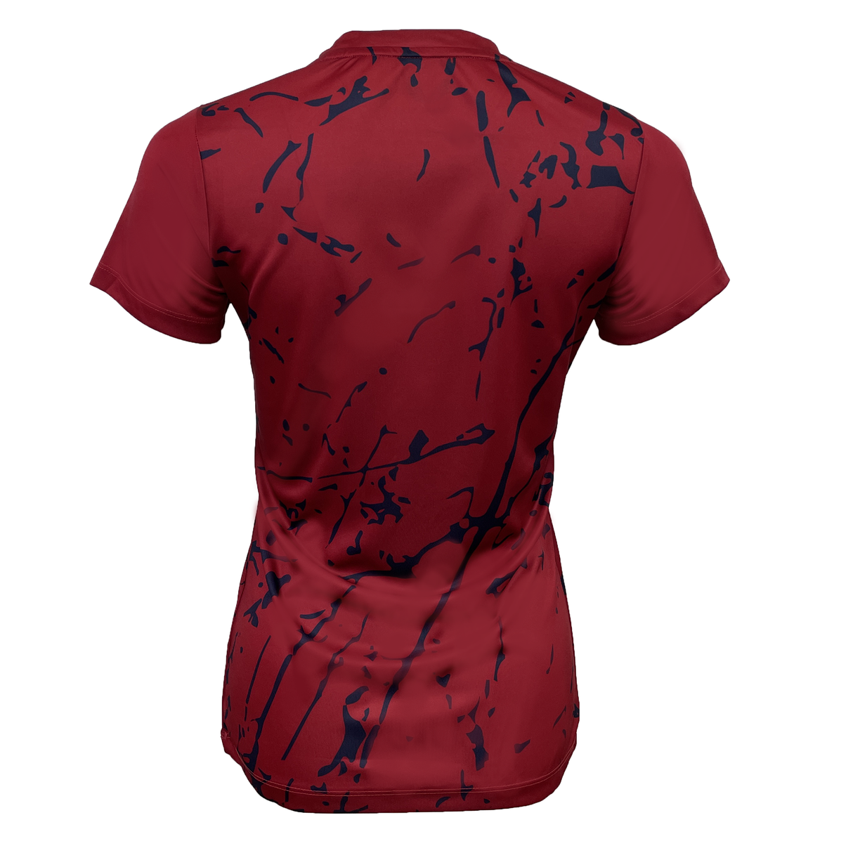 The Women's USA Rugby Printed Training Tee by Castore is a red athletic jersey featuring an abstract navy splatter pattern on the back. Its short-sleeved, fitted design is perfect for intense sessions, showcasing the excellence of USA Rugby Apparel.