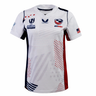 The Women's USA Rugby 22/23 RWC Home Pro Jersey by Castore is a white jersey with red and blue accents, featuring the USA Rugby logo, Castore branding, and an American flag on the sleeve.