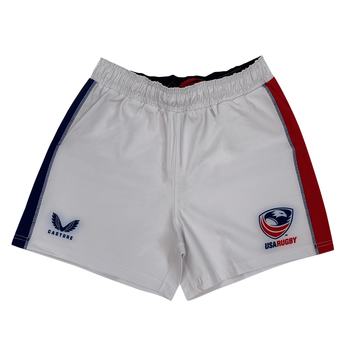 The Women's USA Rugby 22/23 RWC Pro Home Shorts by Castore are white rugby shorts with blue and red side panels, featuring the Castore logo and USA Rugby emblem for a bold, official style.