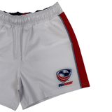 The Women's USA Rugby 22/23 RWC Pro Home Shorts by Castore feature white fabric, red side panels, and an embroidered USA Rugby logo—perfect for women's rugby performance and style.