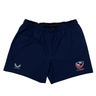 Women's USA Rugby RWC Pro Away Shorts by Castore in navy blue, featuring USA Rugby and Castore logos. Comes with a mouth guard pocket for convenience and a silicone waist grip for a snug fit during intense matches.