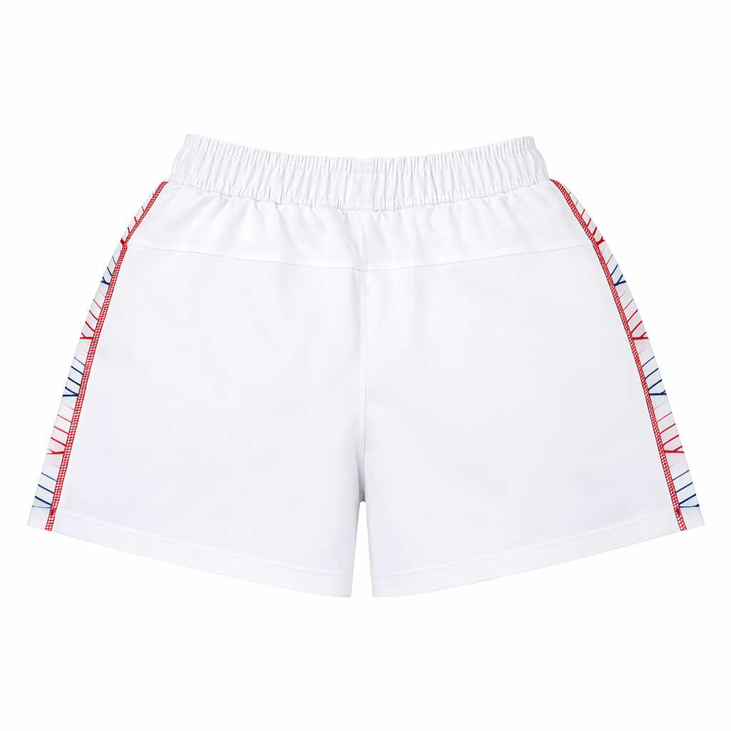 Women's USA Rugby 22/23 RWC Home Pro Short by Castore—white athletic shorts featuring an elastic waistband and red and blue side stripes, shown from the back for a classic look.