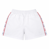 Women's USA Rugby 22/23 RWC Home Pro Short by Castore—white athletic shorts featuring an elastic waistband and red and blue side stripes, shown from the back for a classic look.