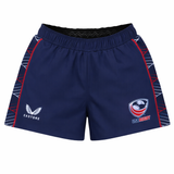 The Women's USA Rugby 22/23 7s RWC Away Pro Short by Castore features navy blue fabric, red and patterned side panels, the USA Rugby logo on the right leg, and the Castore logo on the left.