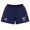 The Women's USA Rugby 22/23 7s RWC Away Pro Short by Castore features navy blue fabric, red and patterned side panels, the USA Rugby logo on the right leg, and the Castore logo on the left.
