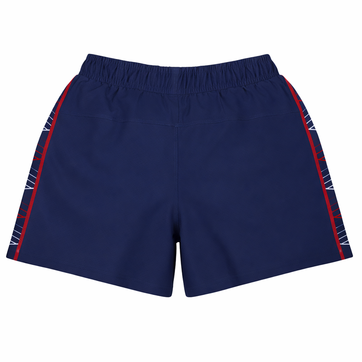 Women's USA Rugby 22/23 7s RWC Away Pro Short by Castore—navy blue athletic shorts with an elastic waistband and patterned red and white side stripes, inspired by USA Rugby, shown on a white background.