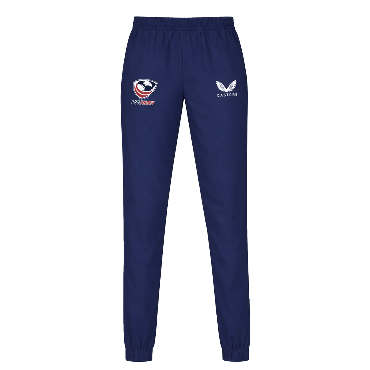 The Womens USA Rugby Weather-resistant Pant by Castore features the team logo on the left thigh and Castore branding on the right, offering stylish comfort in navy blue.