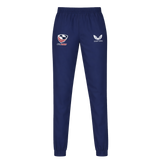 The Womens USA Rugby Weather-resistant Pant by Castore features the team logo on the left thigh and Castore branding on the right, offering stylish comfort in navy blue.