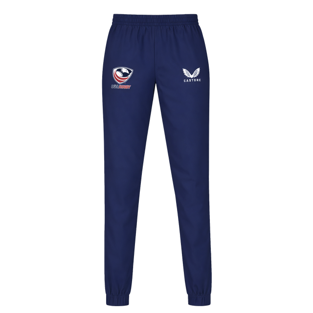 The Womens USA Rugby Weather-resistant Pant by Castore features the team logo on the left thigh and Castore branding on the right, offering stylish comfort in navy blue.