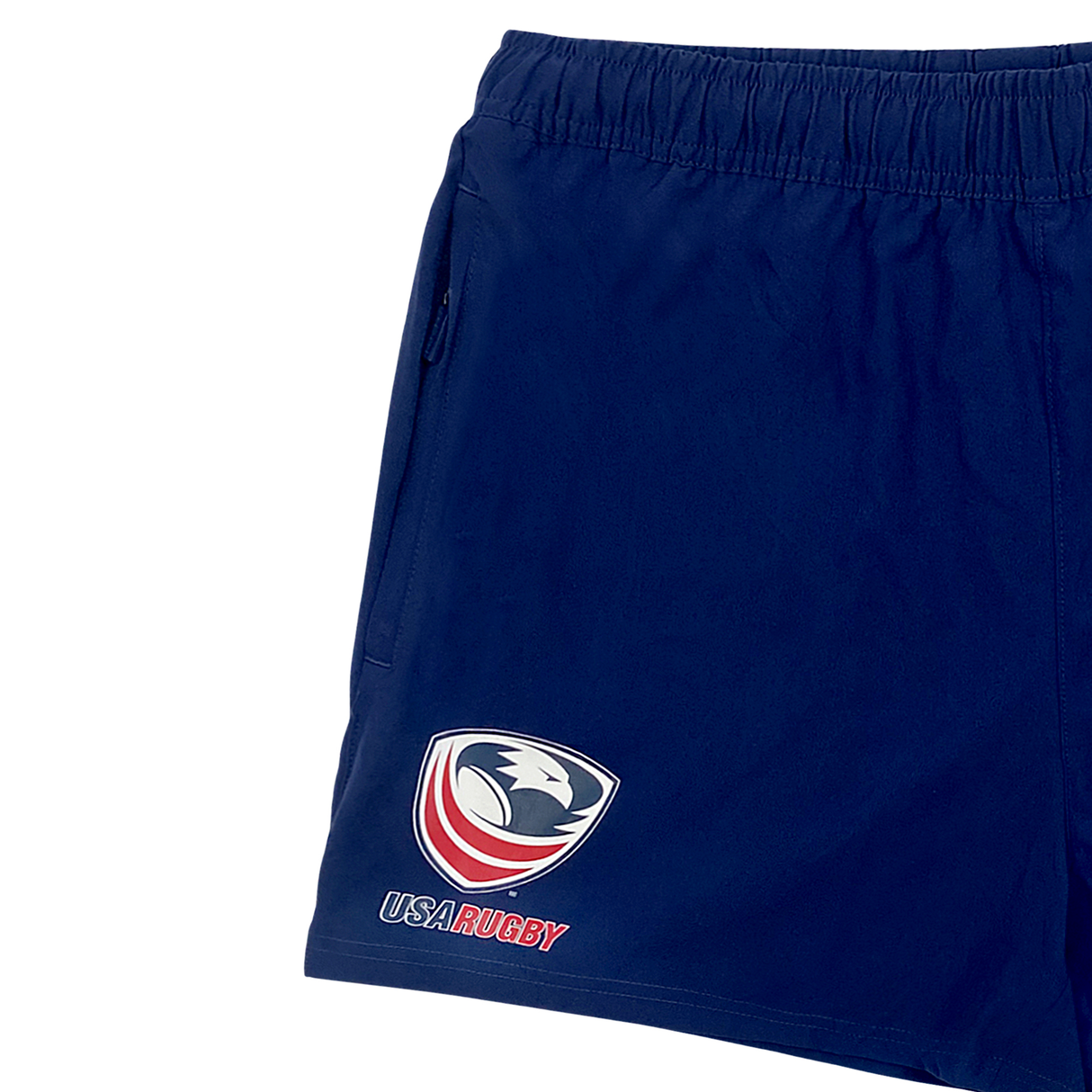 Navy blue Women's USA Rugby Zippered Shorts by Castore with the USA Rugby logo on the lower left side, designed for performance and style.