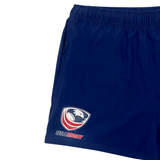 Navy blue Women's USA Rugby Zippered Shorts by Castore with the USA Rugby logo on the lower left side, designed for performance and style.