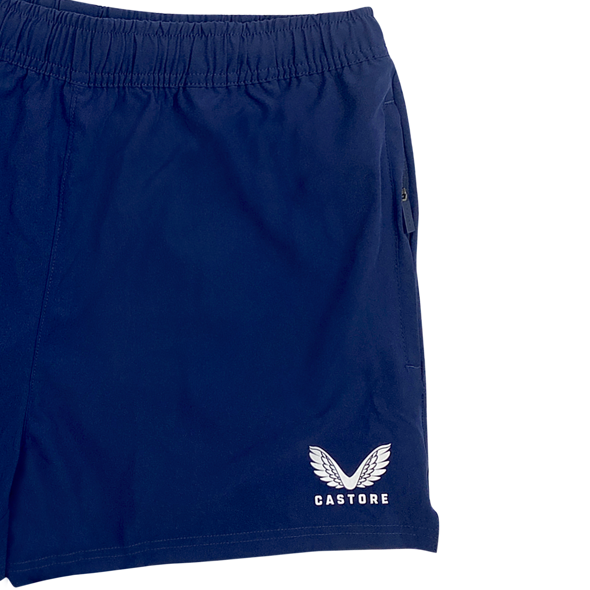 These blue women's rugby shorts by Castore, part of the USA Rugby line, feature an elastic waistband, white logo of wings with "Castore" on the lower left side, seamlessly blending comfort and style.