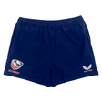The Women's USA Rugby Zippered Shorts by Castore in navy blue feature the "USA Rugby" logo on the left and a sleek "Castore" logo on the right, ideal for sporty active wear.