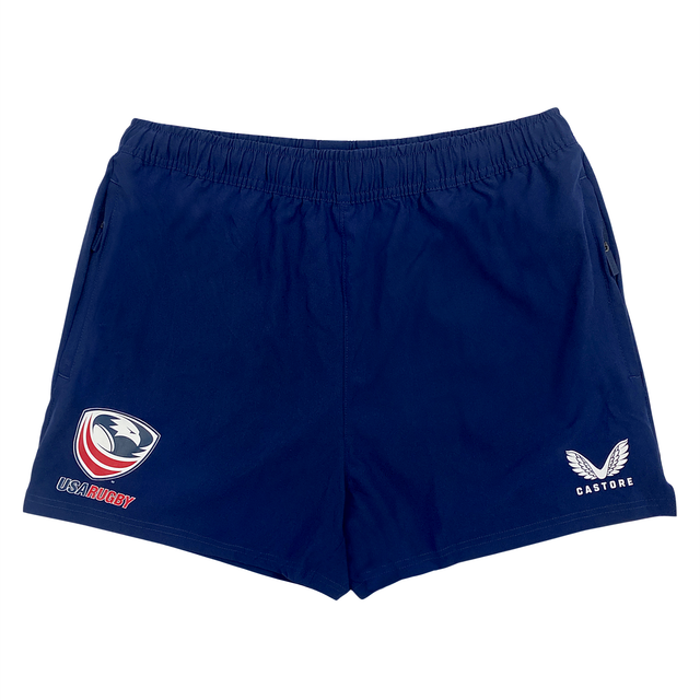 The Women's USA Rugby Zippered Shorts by Castore in navy blue feature the "USA Rugby" logo on the left and a sleek "Castore" logo on the right, ideal for sporty active wear.