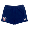 The Women's USA Rugby Zippered Shorts by Castore in navy blue feature the "USA Rugby" logo on the left and a sleek "Castore" logo on the right, ideal for sporty active wear.