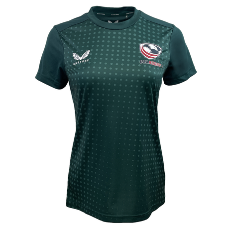 The Women's USA Rugby Dot Printed Training Tee by Castore is a green sports jersey with a subtle dot pattern, featuring a right chest logo, USA Rugby badge on the left, and "Castore" logo on the right shoulder, perfect for training.