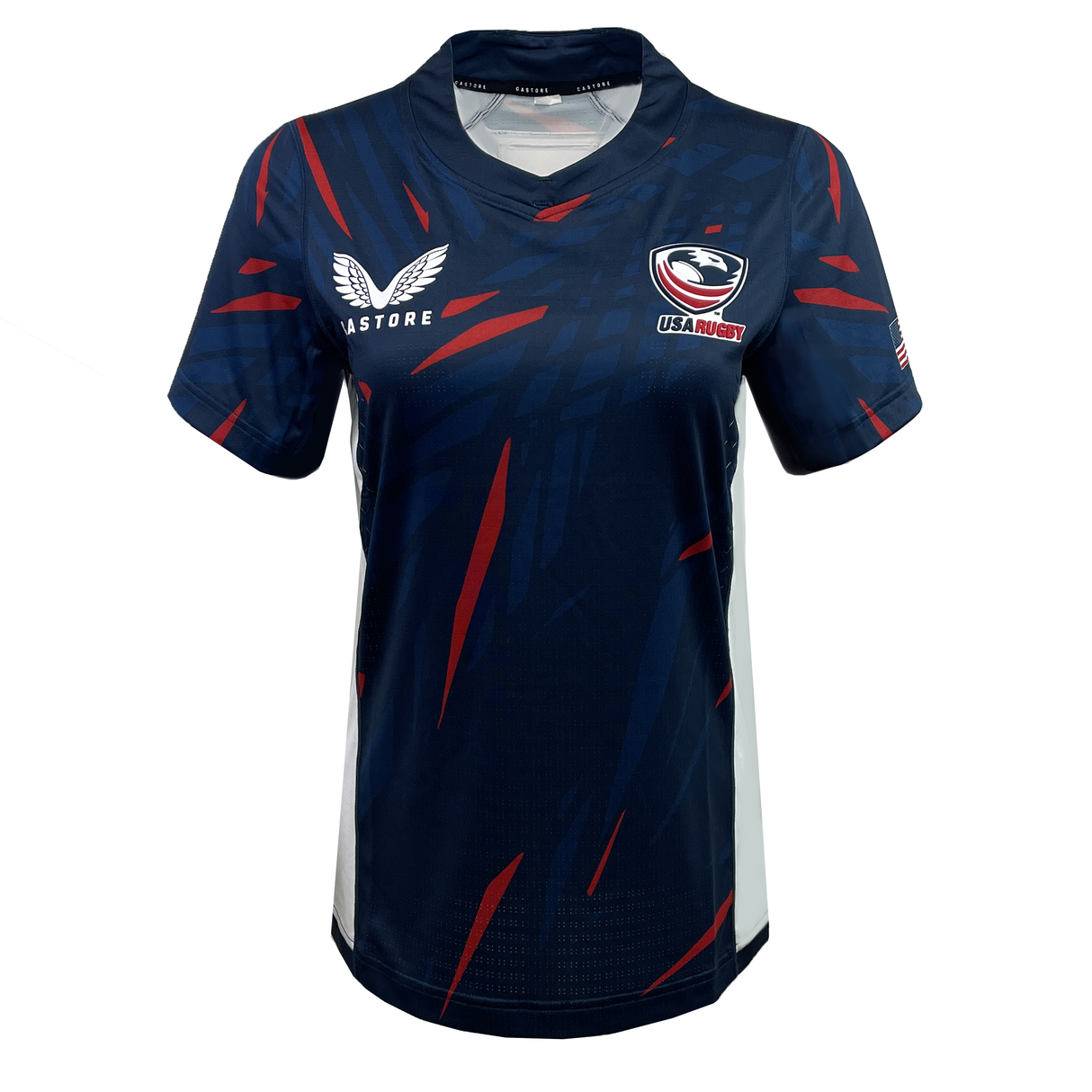 The Women's USA Rugby Authentic Home Jersey by Castore is a navy blue jersey with red accents, featuring the USA Rugby logo on the right chest and "Castore" on the left. Made from moisture-wicking fabric, it keeps you cool and comfortable during intense matches.
