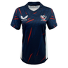 The Women's USA Rugby Authentic Home Jersey by Castore is a navy blue jersey with red accents, featuring the USA Rugby logo on the right chest and "Castore" on the left. Made from moisture-wicking fabric, it keeps you cool and comfortable during intense matches.