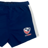 Women's USA Rugby Pro Home Shorts by Castore are blue with the USA Rugby logo on the left, white side panels, and moisture-wicking fabric to keep you comfortable and dry during intense matches.