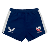 Women's USA Rugby Pro Home Shorts by Castore, in navy blue, showcase Castore logos on the front. They feature a comfortable elasticated waistband and are made from moisture-wicking fabric to ensure lasting comfort.
