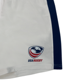 The Women's USA Rugby Pro Away Shorts by Castore are ideal for rugby, showcasing a stylish blue side panel and the iconic USA Rugby logo at the hem.