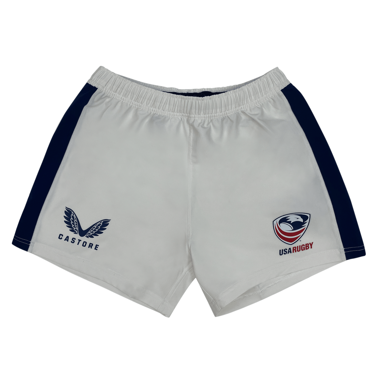 The Women's USA Rugby Pro Away Shorts by Castore are white with navy side panels, featuring the Castore logo on the left and the USA Rugby emblem on the right. Perfect for any enthusiast.