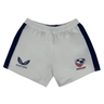 The Women's USA Rugby Pro Away Shorts by Castore are white with navy side panels, featuring the Castore logo on the left and the USA Rugby emblem on the right. Perfect for any enthusiast.