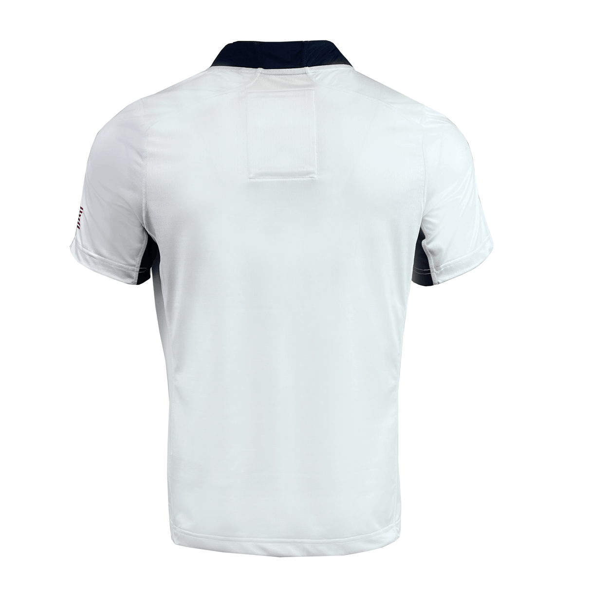 The image displays the back of a white short-sleeved Women's USA Rugby Pro Away Jersey by Castore, featuring dark collar and sleeve accents in a classic style.