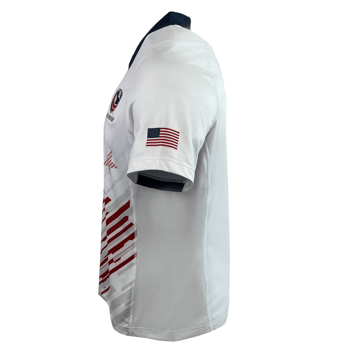 Side view of the Women's USA Rugby Pro Away Jersey by Castore, a white rugby jersey with red and navy accents and a USA flag on the right sleeve, perfect for stylishly showcasing your support for USA Rugby.