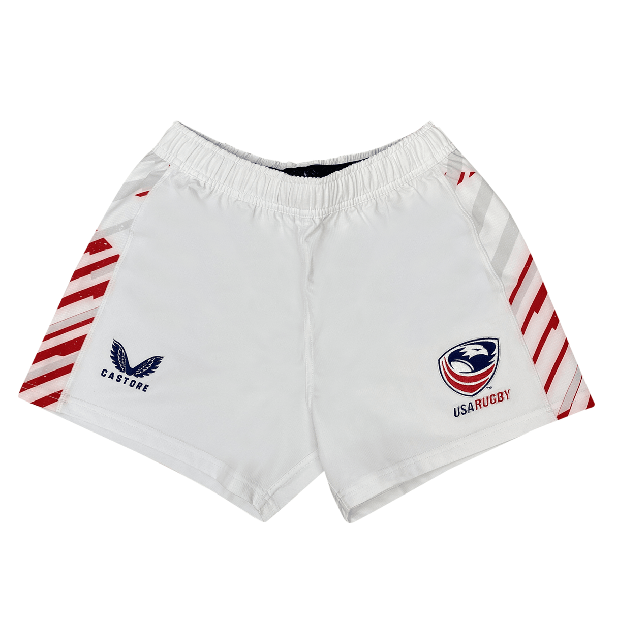 Elevate your style and performance with the Women's USA Rugby Pro Away Shorts by Castore. These white shorts boast a USA Rugby logo on the right, a Castore logo on the left, and bold red diagonal side stripes, making them a standout choice on and off the field.