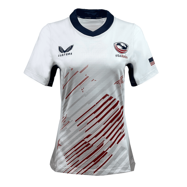 Show your pride in the Women's USA Rugby 24/25 Pro 7's Away Jersey by Castore, featuring red diagonal stripes, a navy collar and sleeve accents, sponsor logos, and an American flag patch on the right sleeve.