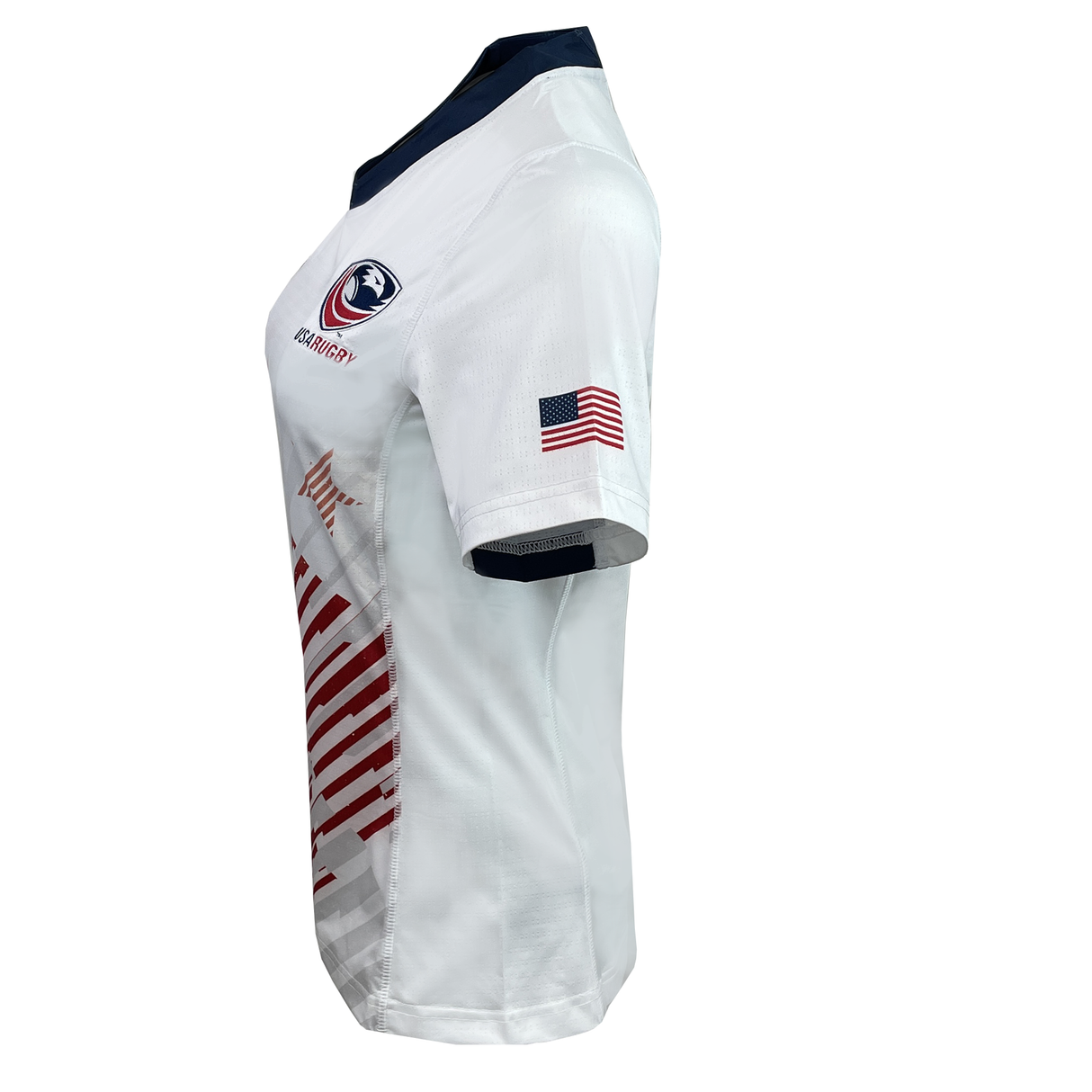 The Women's USA Rugby 24/25 Pro 7's Away Jersey by Castore features a white short-sleeve design with navy collar, USA Rugby chest logo, American flag on the sleeve, and red diagonal side stripes for top performance.