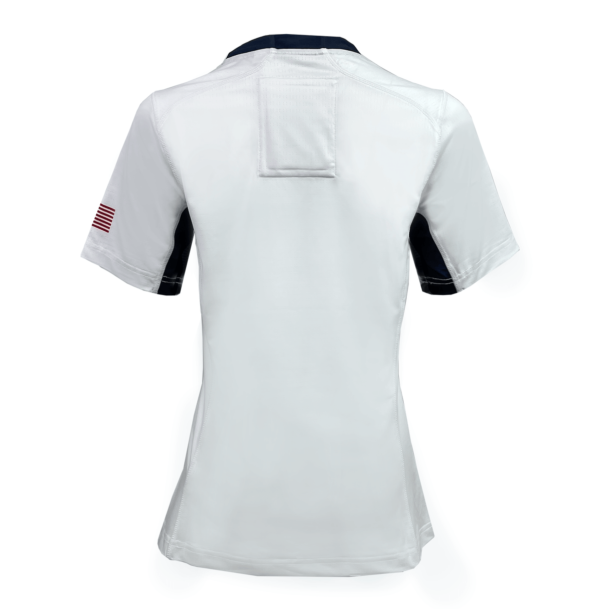 The Women's USA Rugby 24/25 Pro 7's Away Jersey by Castore features an American flag patch on the left sleeve, a dark collar, and authentic USA Rugby style—viewed from the back.