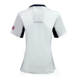 The Women's USA Rugby 24/25 Pro 7's Away Jersey by Castore features an American flag patch on the left sleeve, a dark collar, and authentic USA Rugby style—viewed from the back.